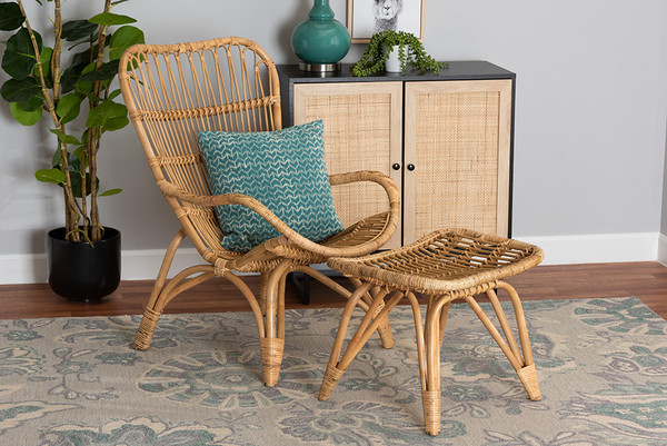 Earvin Modern Bohemian Natural Brown Rattan 2-Piece Armchair And Footstool Set By Baxton Studio DC8005-Rattan-2PC Set