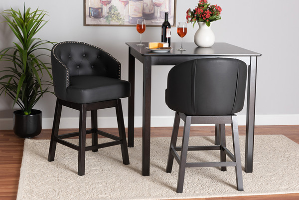 Theron Mid-Century Transitional Black Faux Leather And Espresso Brown Finished Wood 2-Piece Swivel Counter Stool Set By Baxton Studio BBT5210C-Black/Dark Brown-CS