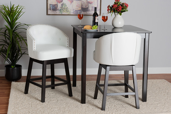 Theron Mid-Century Transitional White Faux Leather And Espresso Brown Finished Wood 2-Piece Swivel Counter Stool Set By Baxton Studio BBT5210C-White/Dark Brown-CS