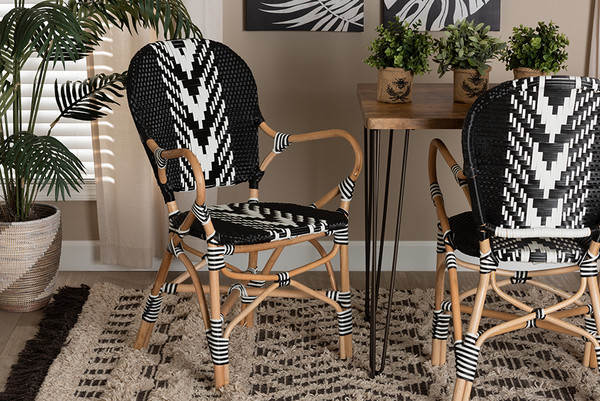 Wallis Modern French Two-Tone Black And White Weaving And Natural Rattan Indoor Dining Chair By Baxton Studio BC010-W3-Rattan-DC Arm