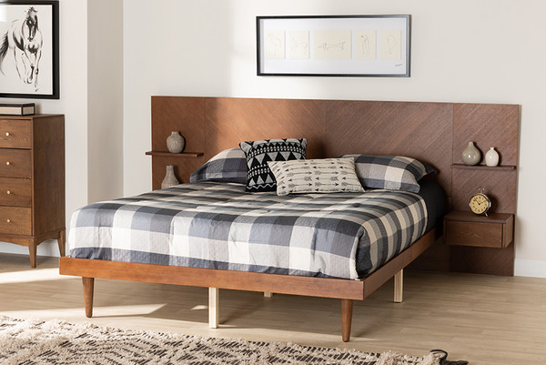 Graham Mid-Century Modern Transitional Ash Walnut Finished Wood Queen Size Platform Storage Bed With Built-In Nightstands By Baxton Studio MG0107-Ash Walnut-Queen