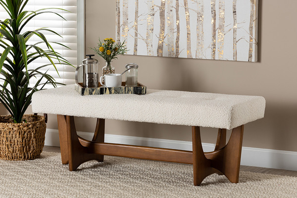 Theo Japandi Cream Boucle Fabric And Walnut Brown Finished Wood Bench By Baxton Studio BBT5368-Cream/Walnut-Bench