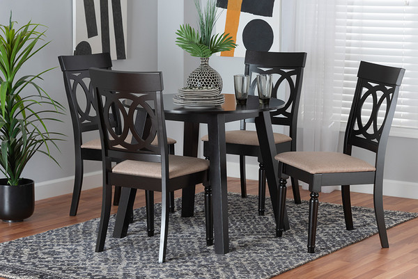 Charlottle Modern Beige Fabric And Dark Brown Finished Wood 5-Piece Dining Set By Baxton Studio Evelyn-Sand/Dark Brown-5PC Dining Set