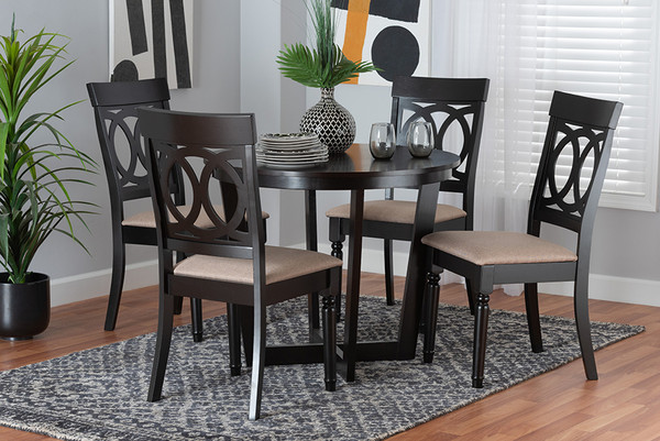 Estelle Modern Beige Fabric And Dark Brown Finished Wood 5-Piece Dining Set By Baxton Studio Estelle-Sand/Dark Brown-5PC Dining Set