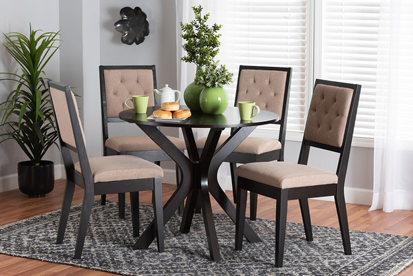 Mana Modern Sand Fabric And Dark Brown Finished Wood 5-Piece Dining Set By Baxton Studio Mana-Sand/Dark Brown-5PC Dining Set