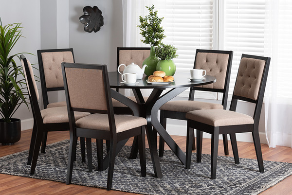 Mana Modern Sand Fabric And Dark Brown Finished Wood 7-Piece Dining Set By Baxton Studio Mana-Sand/Dark Brown-7PC Dining Set