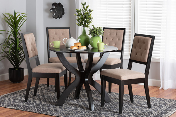 Noe Modern Sand Fabric And Dark Brown Finished Wood 5-Piece Dining Set By Baxton Studio Noe-Sand/Dark Brown-5PC Dining Set