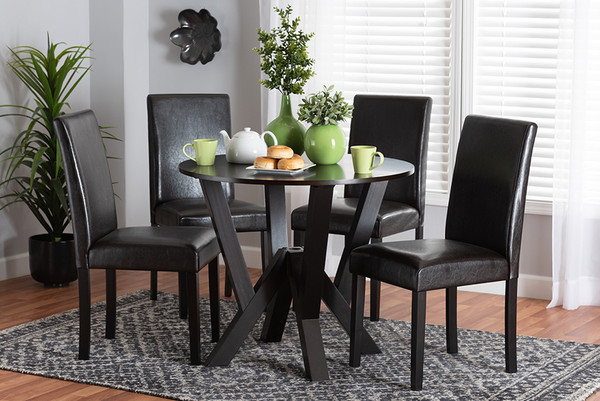 Rosi Modern Espresso Brown Faux Leather And Wood 5-Piece Dining Set By Baxton Studio Rosi-Dark Brown-5PC Dining Set