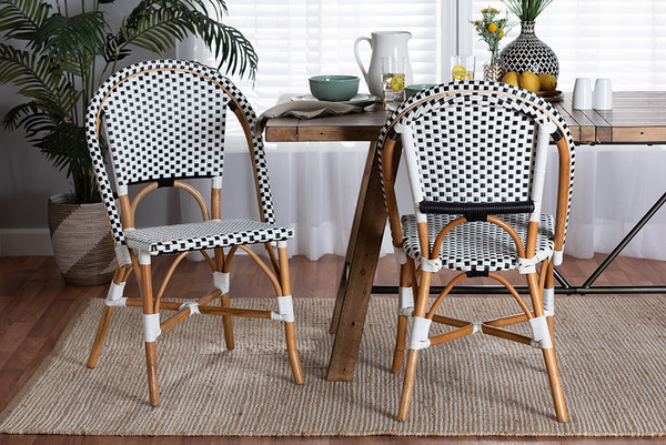 Quincy Modern French Black And White Weaving And Natural Brown Rattan 2-Piece Bistro Chair Set By Baxton Studio DC613-2-Rattan-DC No Arm