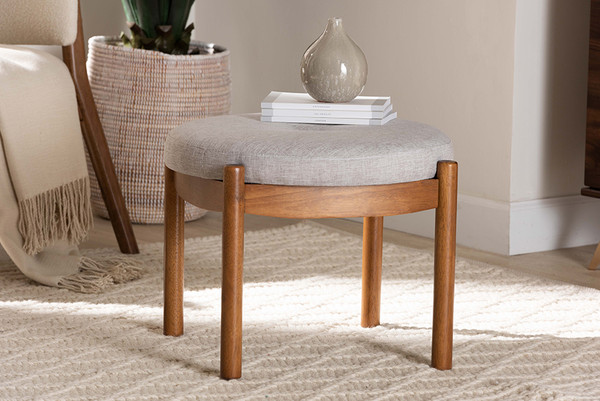 Iliana Japandi Greyish Beige Fabric And Walnut Brown Finished Wood Ottoman Footstool By Baxton Studio BBT5454-Greyish Beige/Walnut-Stool