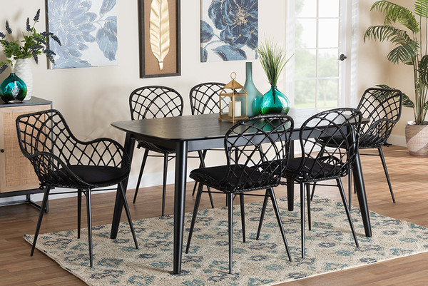 Aniceta Modern Bohemian Black Finished Wood And Rattan 7-Piece Dining Set By Baxton Studio KYG013C-Black-7PC Dining Set