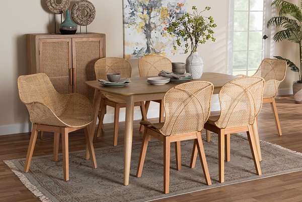 Emmali Modern Bohemian Natural Brown Finished Wood And Rattan 7-Piece Dining Set By Baxton Studio KYG015C-Natural-7PC Dining Set