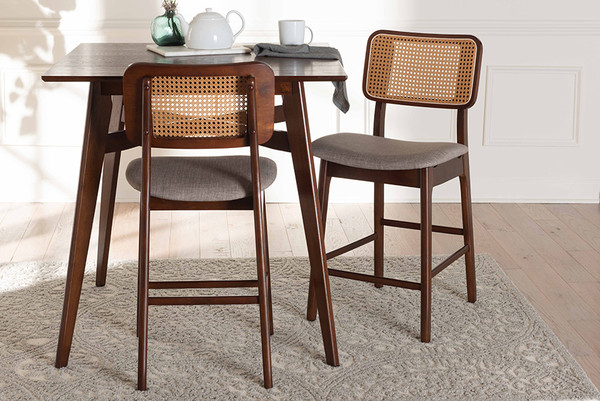 Dannon Mid-Century Modern Grey Fabric And Walnut Brown Finished Wood 2-Piece Counter Stool Set By Baxton Studio CS001P-Walnut/Light Grey-PC-2PK