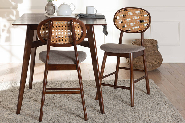 Darrion Mid-Century Modern Grey Fabric And Walnut Brown Finished Wood 2-Piece Counter Stool Set By Baxton Studio CS004P-Walnut/Light Grey-PC-2PK