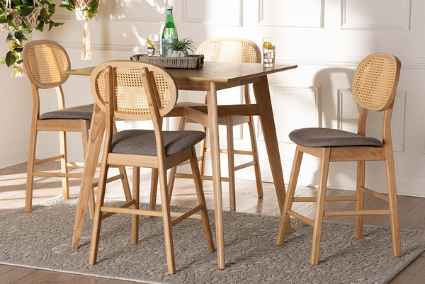 Darrion Mid-Century Modern Grey Fabric And Natural Oak Finished Wood 5-Piece Pub Set By Baxton Studio CS004P-Natural Oak/Light Grey-5PC Pub Set