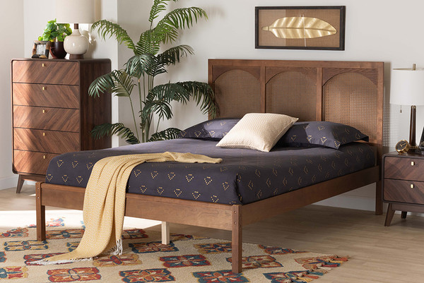Blossom Classic And Traditional Ash Walnut Finished Wood And Rattan King Size Platform Bed By Baxton Studio MG0084-Ash Walnut Rattan-King