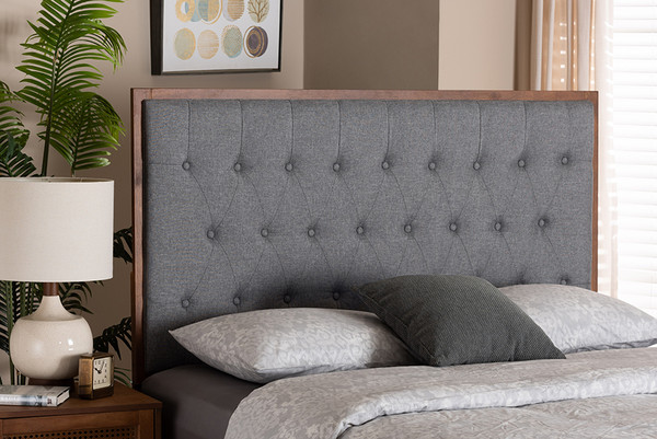 Harumi Classic And Traditional Grey Fabric And Walnut Brown Finished Wood Queen Size Headboard By Baxton Studio MG9765-Dark Grey/Walnut-HB-Queen
