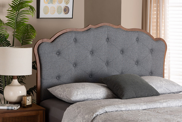 Leandra Classic And Traditional Grey Fabric And Walnut Brown Finished Wood Queen Size Headboard By Baxton Studio MG9773-Dark Grey/Walnut-HB-Queen