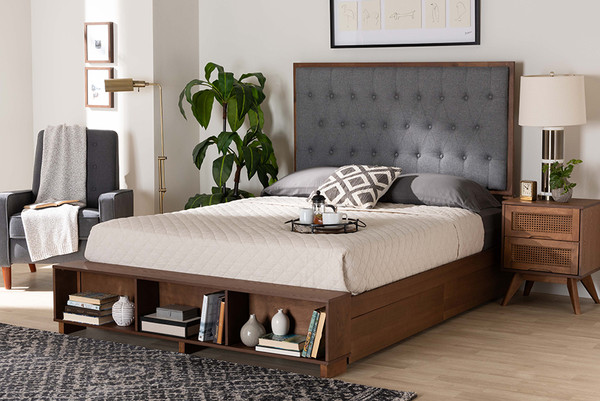 Jalie Classic Transitional Grey Fabric And Walnut Brown Finished Wood Queen Size Platform Storage Bed By Baxton Studio MG9765/6001-1S-Queen