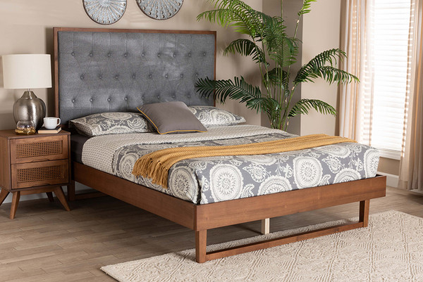 Bryn Classic And Traditional Grey Fabric And Walnut Brown Finished Wood Queen Size Platform Bed By Baxton Studio MG9765/97043-Queen