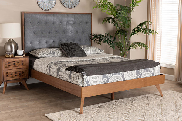 Dericia Classic And Traditional Grey Fabric And Walnut Brown Finished Wood King Size Platform Bed By Baxton Studio MG9765/9704-King