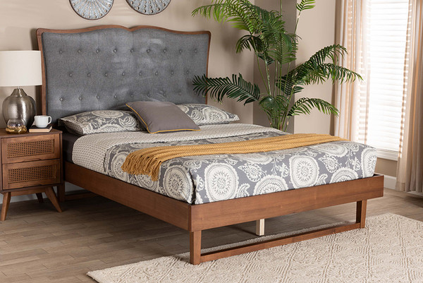 Padilla Classic And Traditional Grey Fabric And Walnut Brown Finished Wood Queen Size Platform Bed By Baxton Studio MG9766/97043-Walnut-Queen