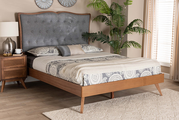 Hawthorn Classic And Traditional Grey Fabric And Walnut Brown Finished Wood King Size Platform Bed By Baxton Studio MG9766/9704-Walnut-King