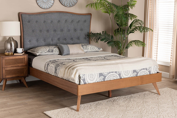 Malle Classic And Traditional Grey Fabric And Walnut Brown Finished Wood King Size Platform Bed By Baxton Studio MG9767/9704-King