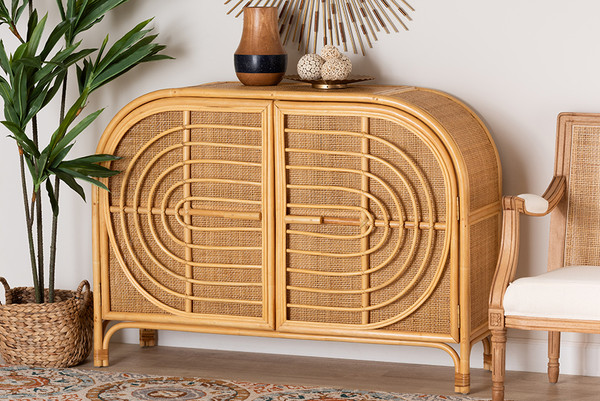 Bali & Pari Ovalet Modern Bohemian Natural Brown Rattan 2-Door Sideboard By Baxton Studio Ovalet-Rattan-Cabinet