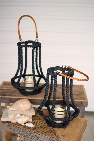 Kalalou CJAL1032 Set Of Two Slate Blue Jute & Wire Lanterns W Glass Inserts