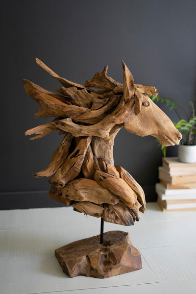 Kalalou DAG1001 Teakwood Horse Head Sculpture With Iron Base