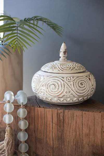 Kalalou DRA1045 Carved Decorative Container With Lid - Natural And White