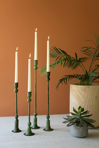 Kalalou NELE1002 Set Of Four Forged Iron Taper Candle Holders - Green Patina