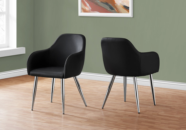 Black Leather Look Upholstered Dining Chair - Chrome Metal (Set Of 2) I 1191 By Monarch