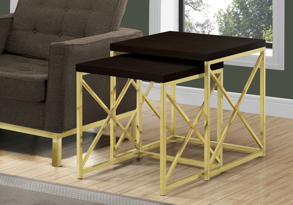 Brown Laminate Nesting Table - Gold Metal (Set Of 2) I 3237 By Monarch