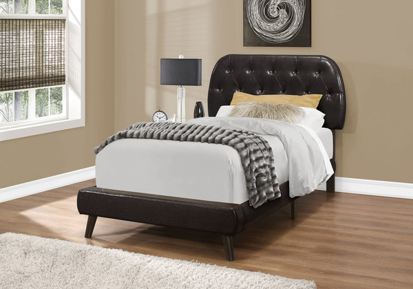 Transitional Brown Leather Look Upholstered Twin Bed - Wood Legs I 5982T By Monarch