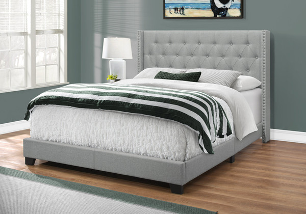 Transitional Grey Linen Look Upholstered Queen Bed - Chrome Trim I 5984Q By Monarch