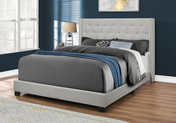 Transitional Grey Velvet Upholstered Queen Bed - Chrome Trim I 5985Q By Monarch