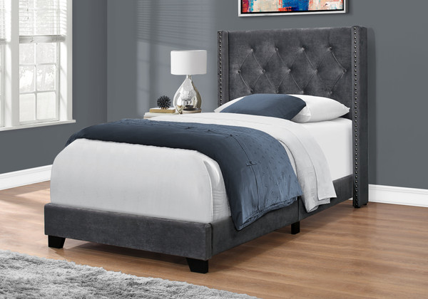 Transitional Chrome Trim Upholstered Twin Bed - Grey Velvet I 5986T By Monarch