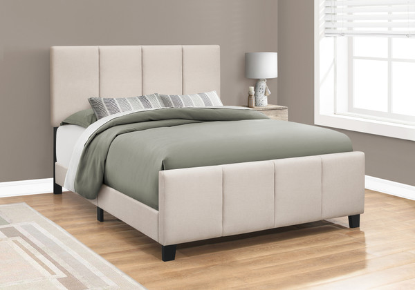 Transitional Beige Linen Look Upholstered Queen Bed - Black Wood Legs I 6026Q By Monarch