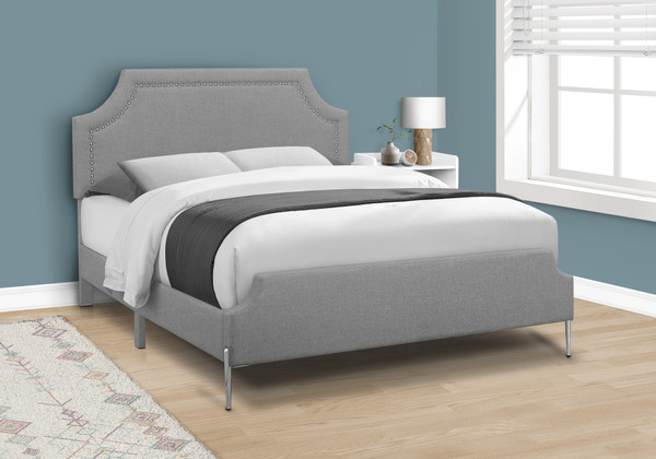 Transitional Grey Linen Look Upholstered Queen Bed - Chrome Metal Legs I 6035Q By Monarch