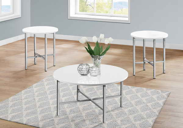 3-Piece Glossy White Laminate Table Set - Chrome Metal I 7965P By Monarch