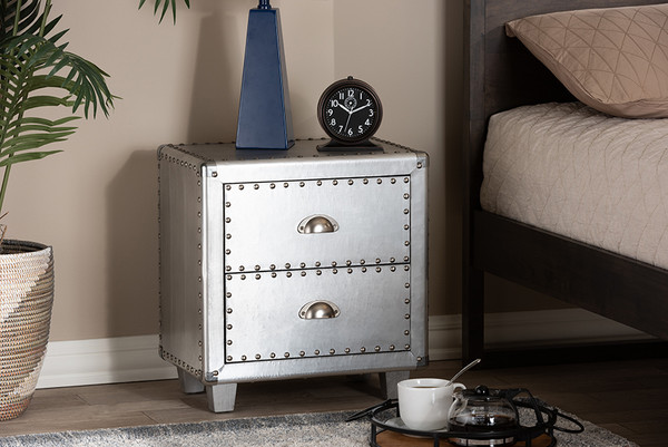 Davet French Industrial Silver Metal 2-Drawer End Table By Baxton Studio JY17B170-Silver-ET