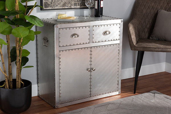 Serge French Industrial Silver Metal 2-Door Accent Storage Cabinet By Baxton Studio JY17B162-Silver-Cabinet