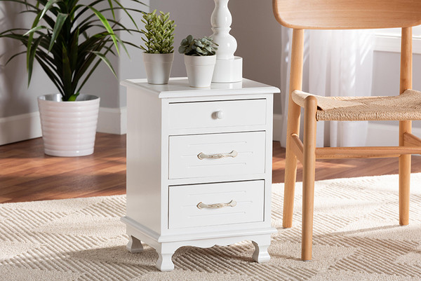 Layton Classic And Traditional White Finished Wood 3-Drawer End Table By Baxton Studio FZC180882-White Wooden-ET