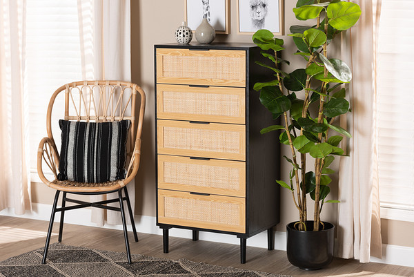 Maureen Mid-Century Modern Espresso Brown Wood And Rattan 5-Drawer Storage Cabinet By Baxton Studio SR191523-Brown/Tan Rattan-Cabinet