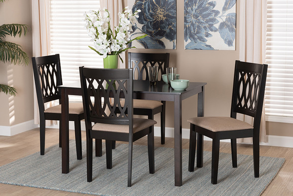 Florencia Modern Beige Fabric And Espresso Brown Finished Wood 5-Piece Dining Set By Baxton Studio RH388C-Sand/Dark Brown-5PC Dining Set