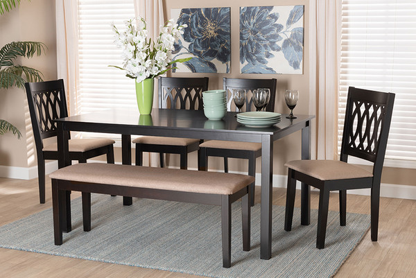 Florencia Modern Beige Fabric And Espresso Brown Finished Wood 6-Piece Dining Set By Baxton Studio RH388C-Sand/Dark Brown-6PC Dining Set