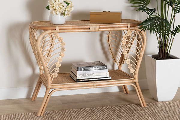 Bali & Pari Bastet Modern Bohemian Natural Brown Rattan 2-Tier Console Table By Baxton Studio RBS033-Rattan-Console