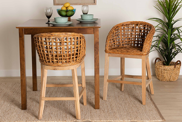 Bali & Pari Mario Modern Bohemian Natural Brown Finished Teak Wood And Rattan 2-Piece Counter Stool Set By Baxton Studio Mario-Rattan-BS